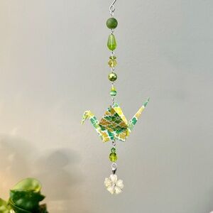 Origami Ornament #2340 - Medium Crane with Repurposed Flower Pendant